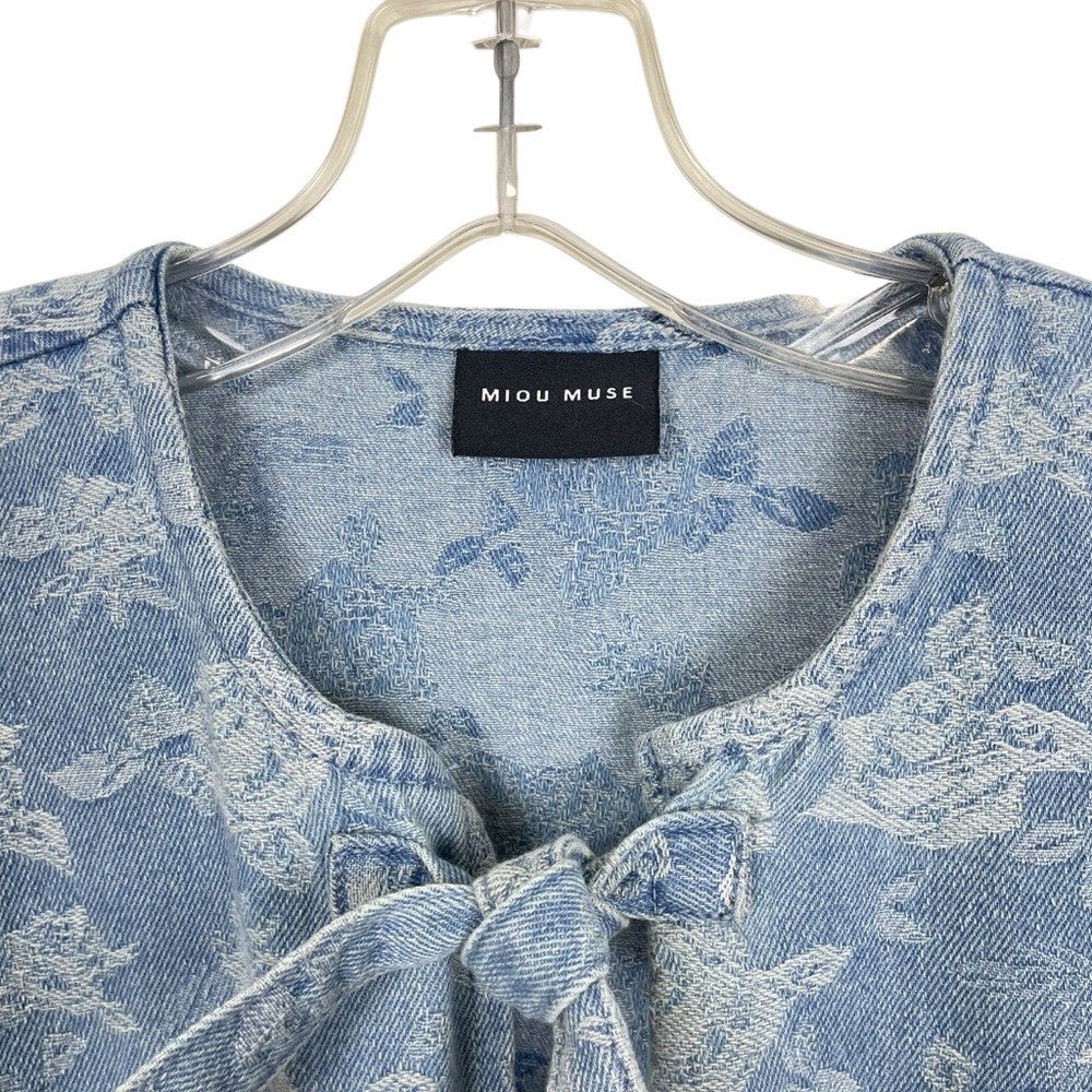 Miou Muse Denim + Roses Bow Front A-Line Mini Dress Puff Sleeves Blue Size S - Picture 2 of 13